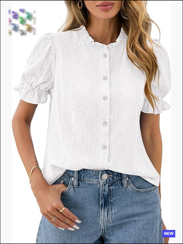 Puff Sleeve Button Down Blouse Embroidered Boho Dressy Casual Top Lightweight